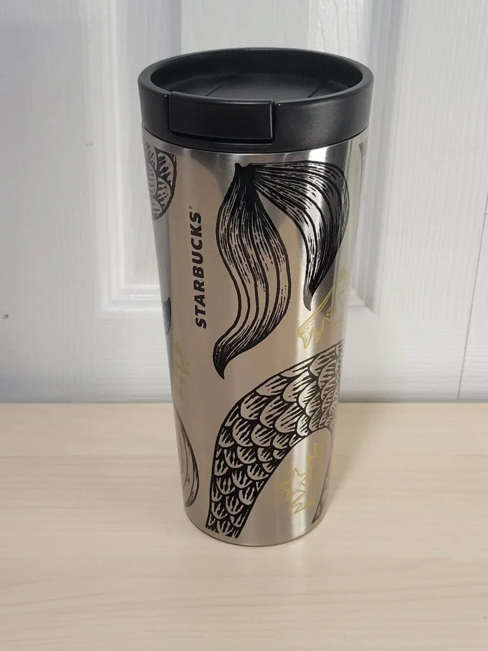 STARBUCKS Siren Tail & Crown Stainless Steel Silver & Black 16 oz Tumbler w/ Lid